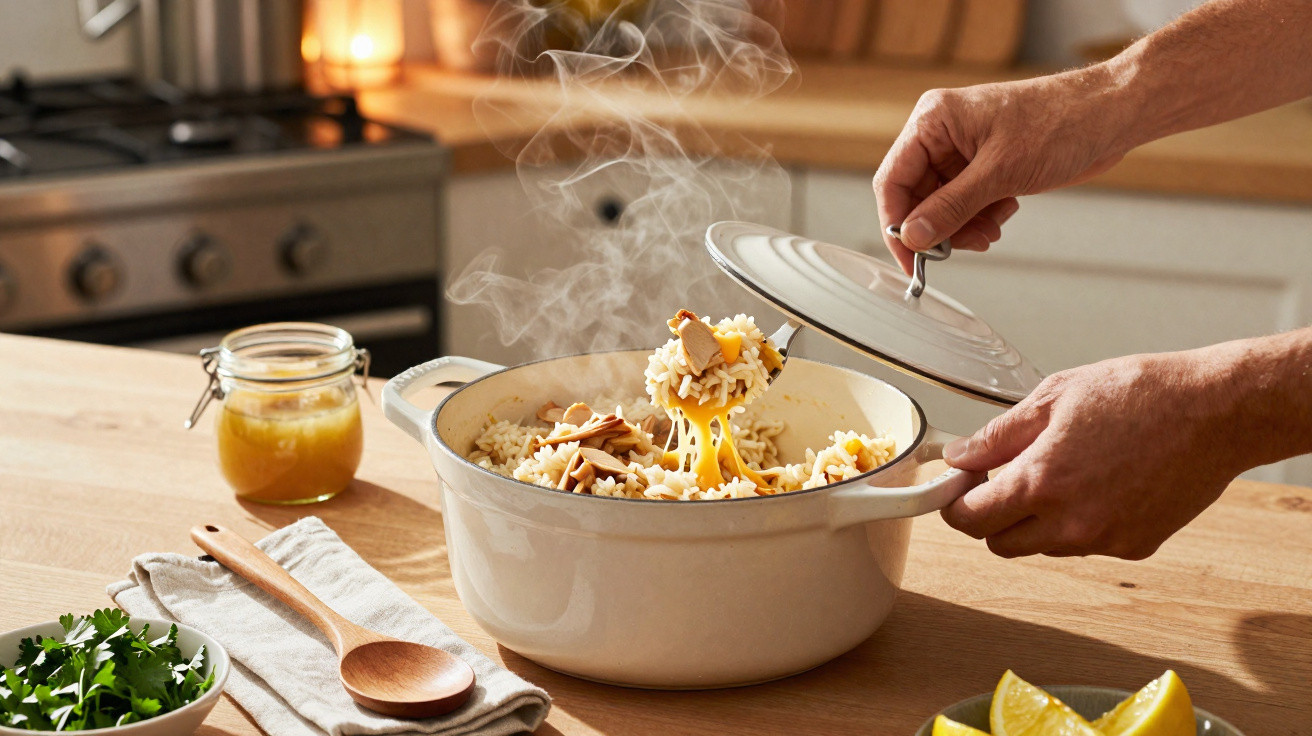 Mãos abrindo panela branca com arroz quente e cogumelos em cozinha ensolarada.