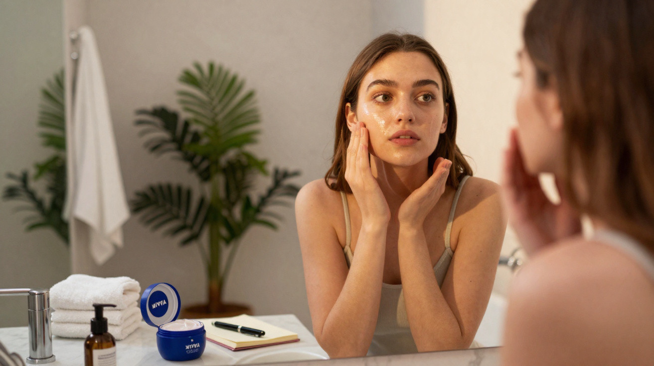 Jovem aplicando creme facial Nivea no rosto em frente ao espelho em banheiro moderno.