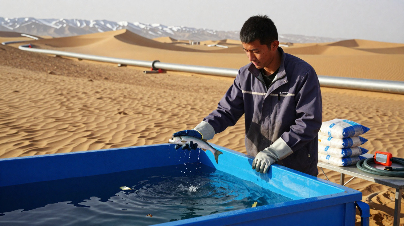 Homem realizando experimento com peixe em tanque azul no deserto com dunas e montanhas ao fundo.