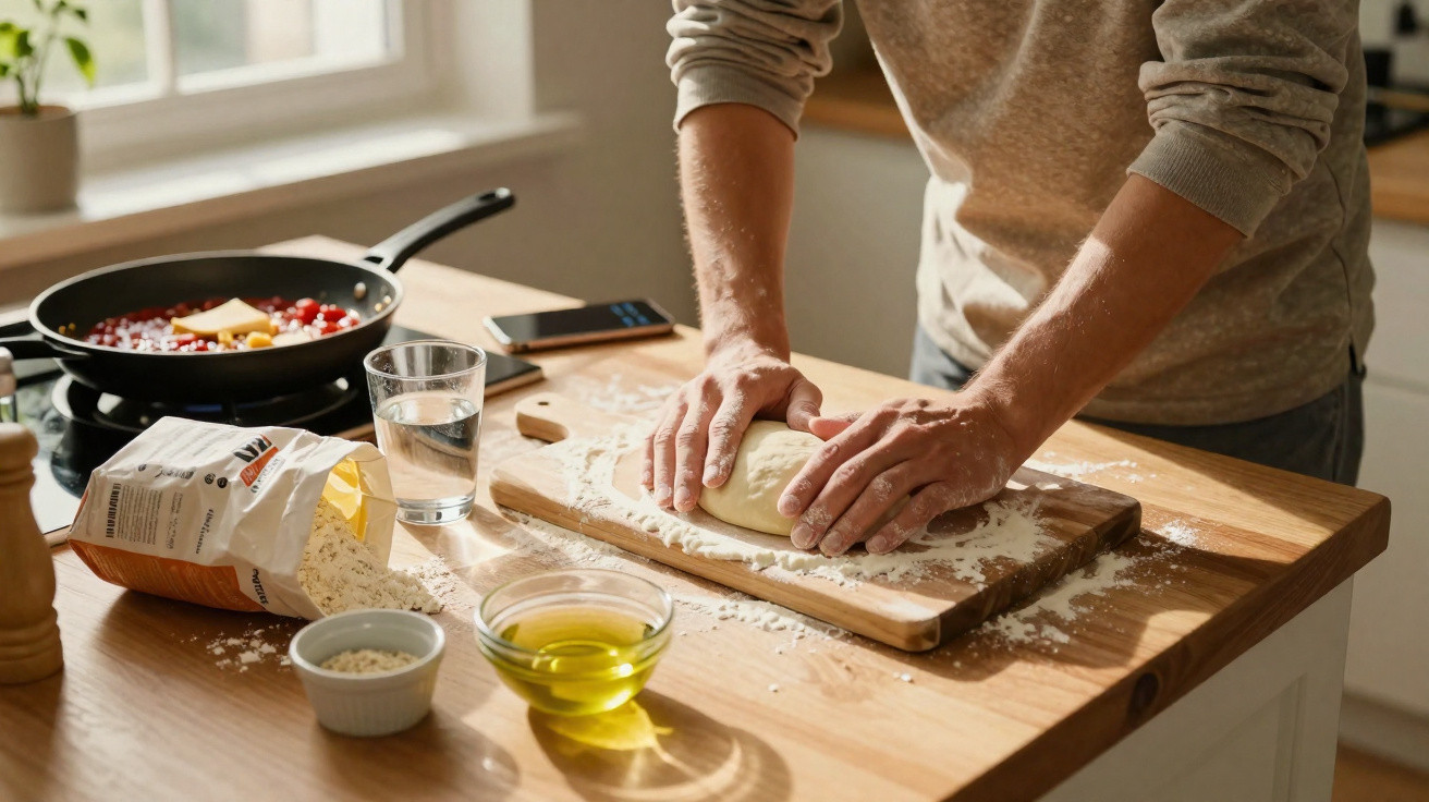 Pessoa amassando massa de pão em tábua de madeira na cozinha, com ingredientes e frigideira ao fundo.
