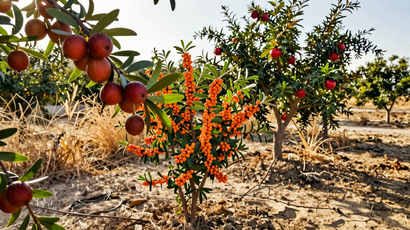 Planta com frutos alaranjados e árvores com frutos vermelhos em solo seco sob céu claro.