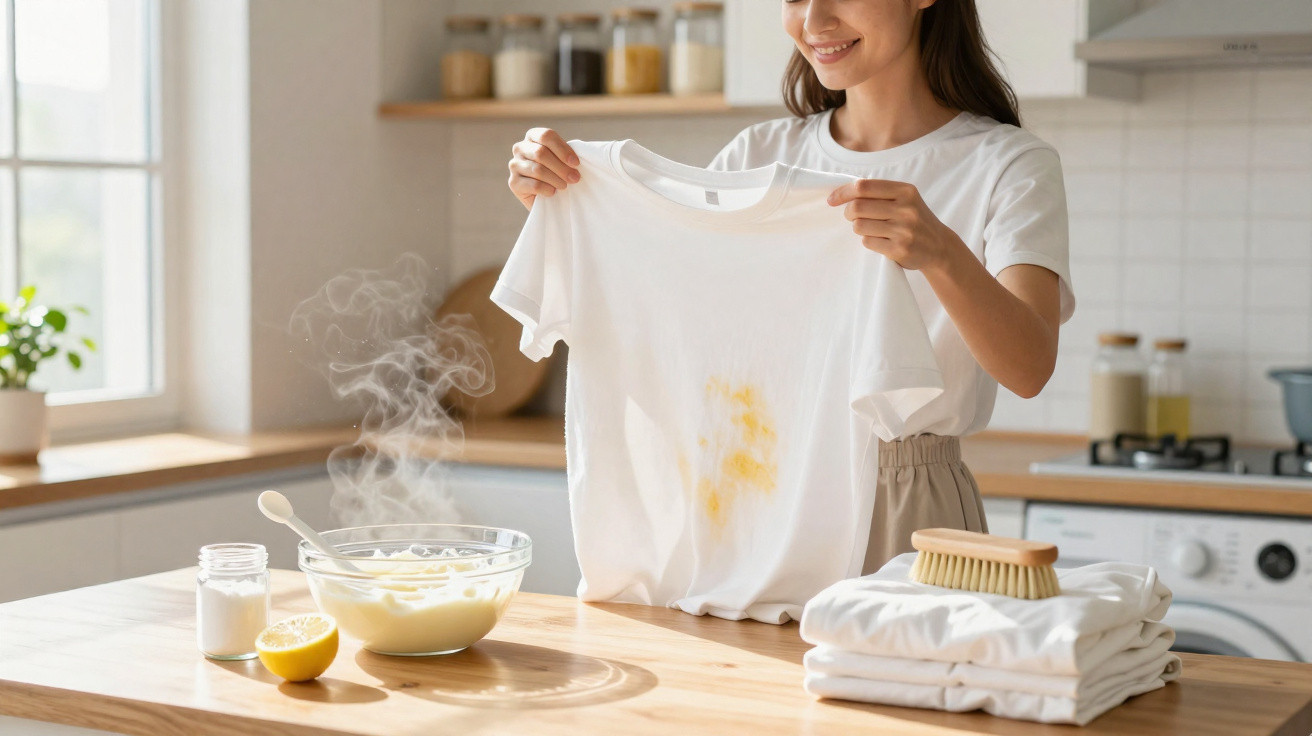 Mulher mostrando camiseta branca manchada, com ingredientes naturais e roupas dobradas na mesa da cozinha.