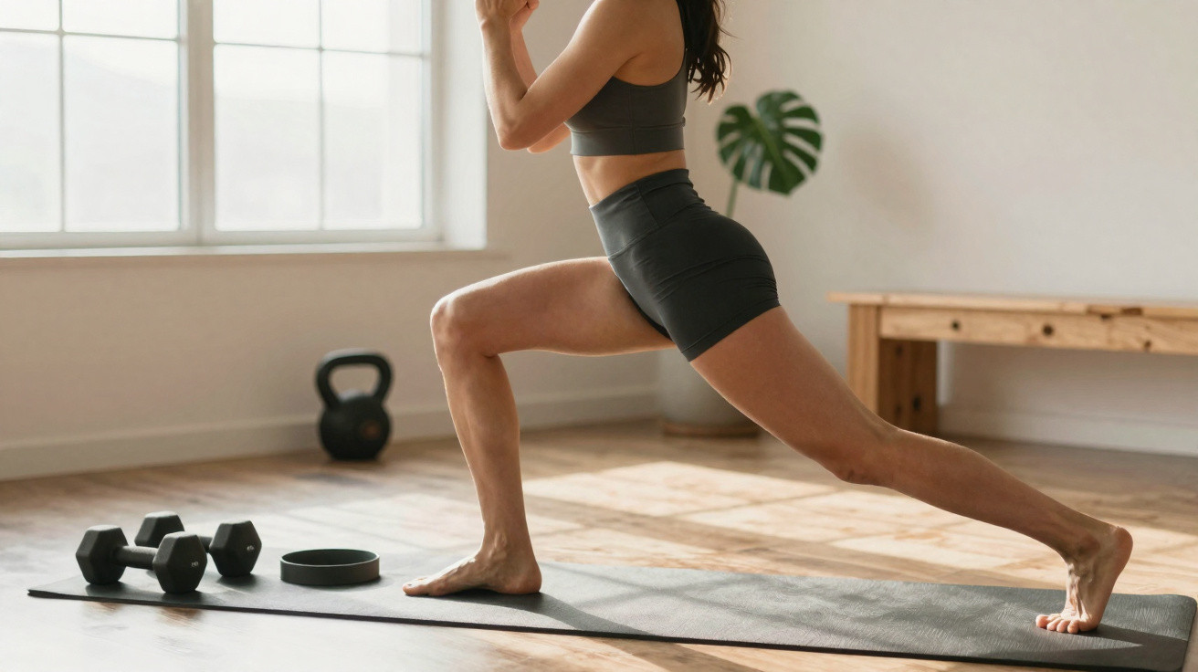 Mulher praticando alongamento em tapete de yoga com pesos e kettlebell ao fundo em ambiente iluminado.