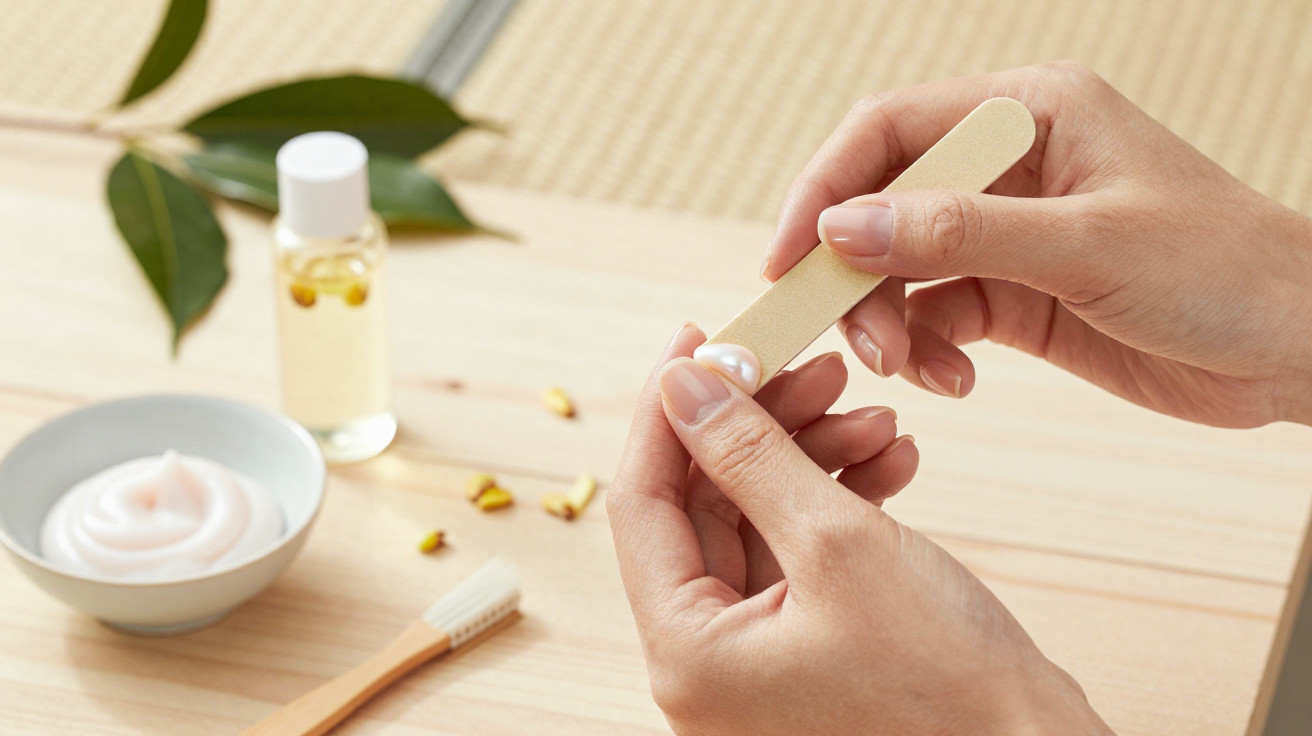 Mãos femininas cuidando das unhas com uma lixa, creme, óleo e escova sobre mesa de madeira clara.
