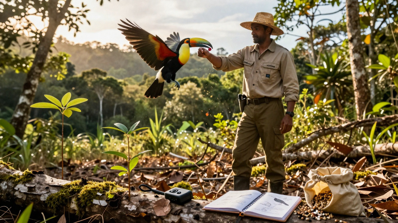 Homem alimenta tucano em floresta, com caderno de anotações e sacos de sementes no chão.