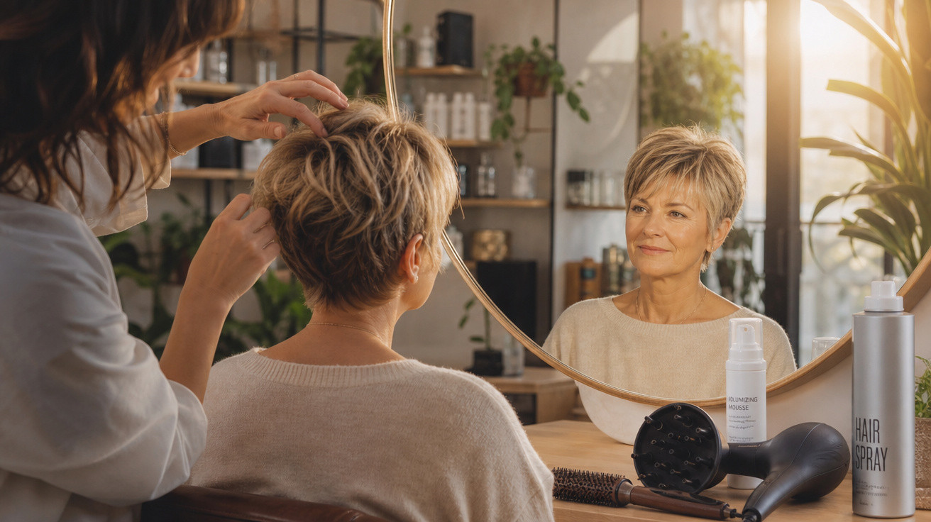 Mulher loira de cabelo curto é penteada por profissional em salão com espelho e produtos de cabelo à vista.