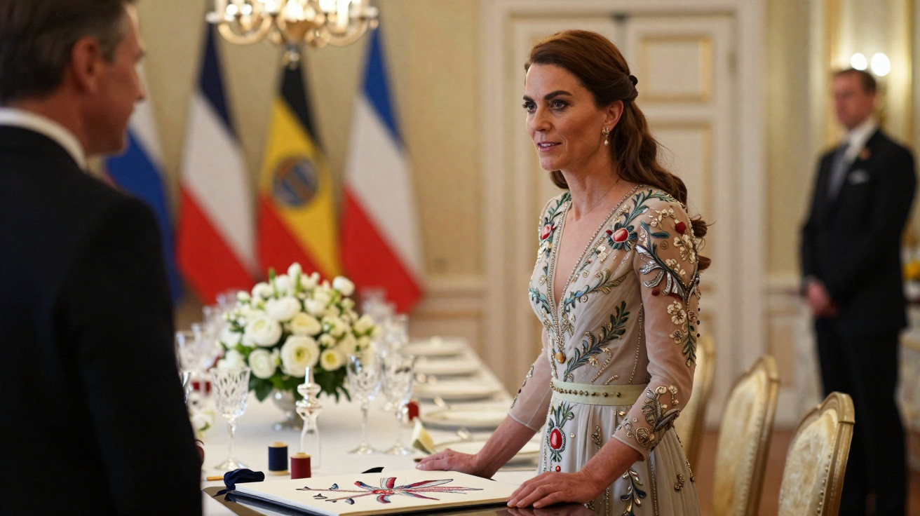 Mulher elegante conversa com homem em sala luxuosa com mesa posta e flores, ao fundo bandeiras nacionais.