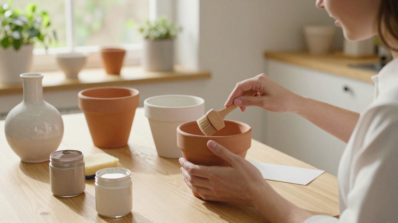 Pessoa pintando vaso de cerâmica com pincel em mesa com outros vasos e potes em ambiente iluminado.