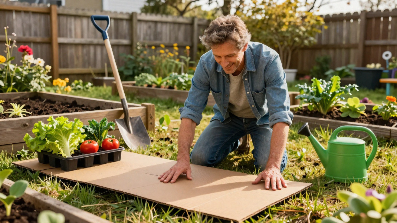 Homem ajoelhado no jardim preparando o solo com papelão para plantio, cercado por plantas e ferramentas de jardinagem.
