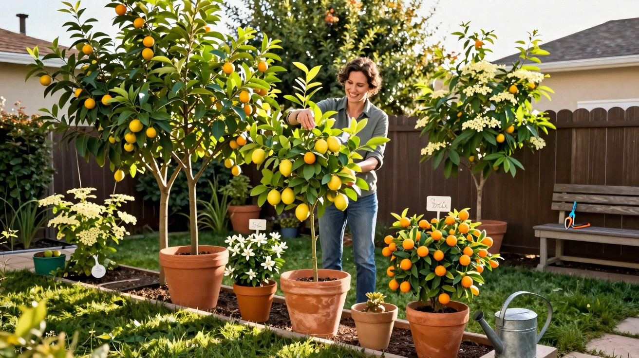 Pessoa cuidando de plantas frutíferas em vasos no jardim de casa, com árvores de limão e laranja.