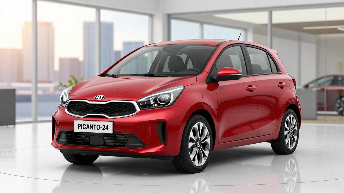 Carro hatchback vermelho modelo Picanto-24 em showroom moderno com piso branco e janelas amplas.