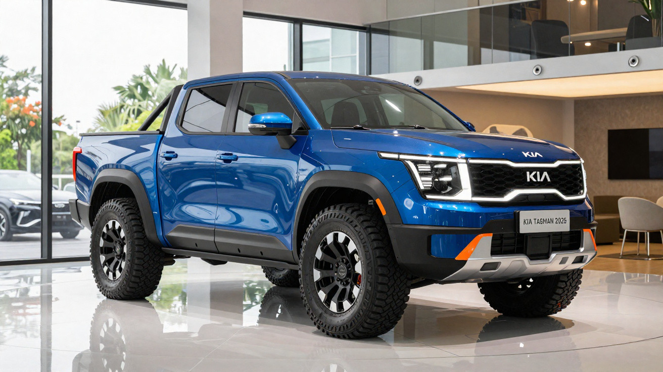 Picape azul Kia Taigun 2023 exibida em showroom moderno com piso brilhante e móveis ao fundo.