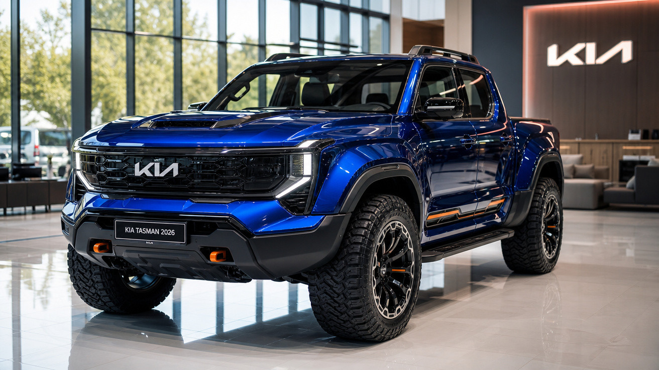 Picape Kia Tasman 2026 azul com rodas grandes em showroom moderno da Kia.