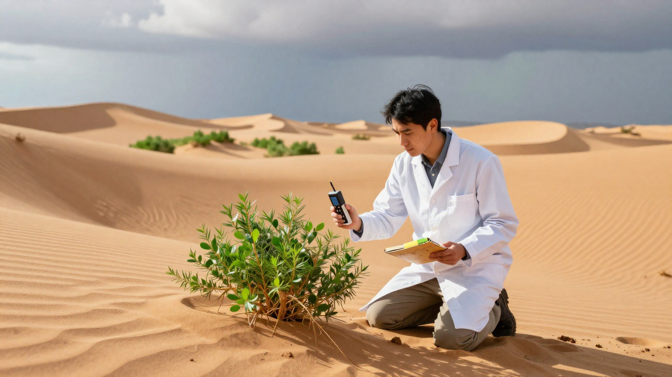 Cientista em jaleco usando rádio e caderno para estudar planta em deserto com dunas ao fundo.
