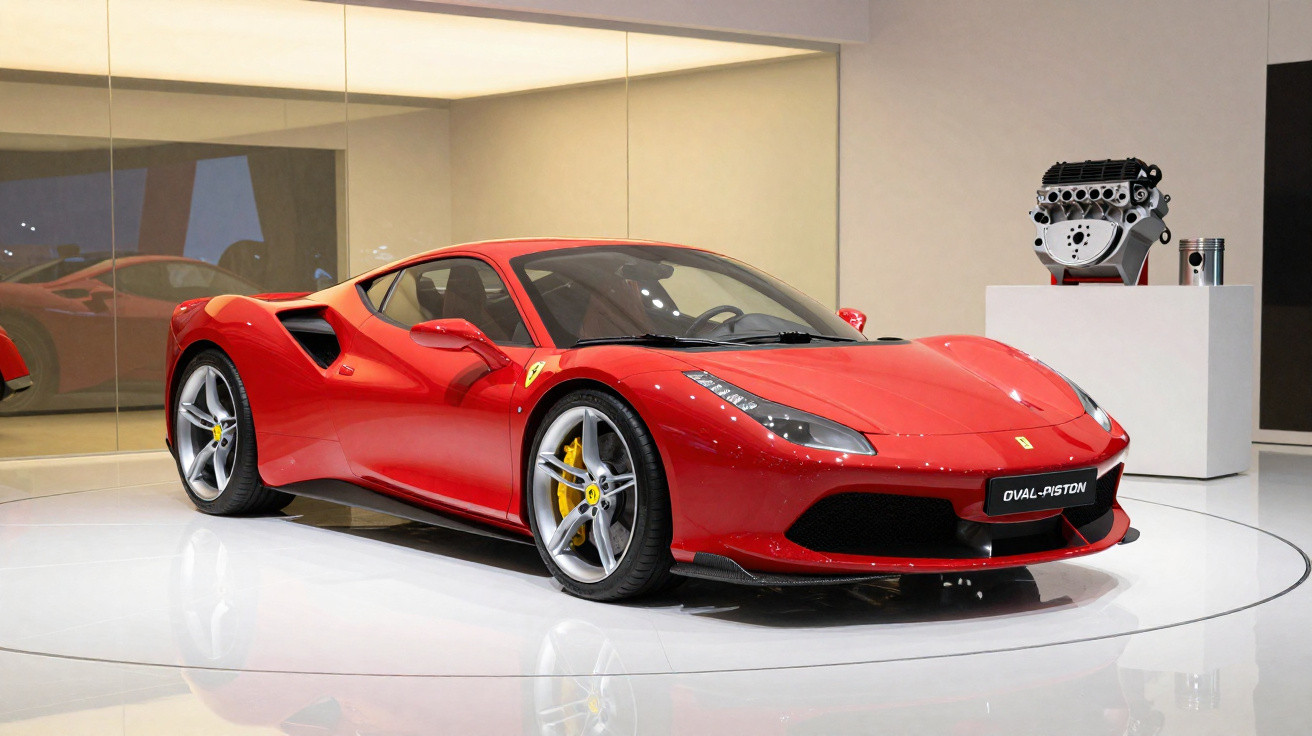 Carro esportivo Ferrari vermelho em exposição, com motor e ambiente interno ao fundo.