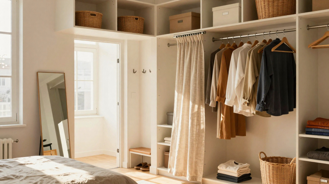 Quarto com closet organizado, roupas penduradas, cestos de vime e iluminação natural pela janela.