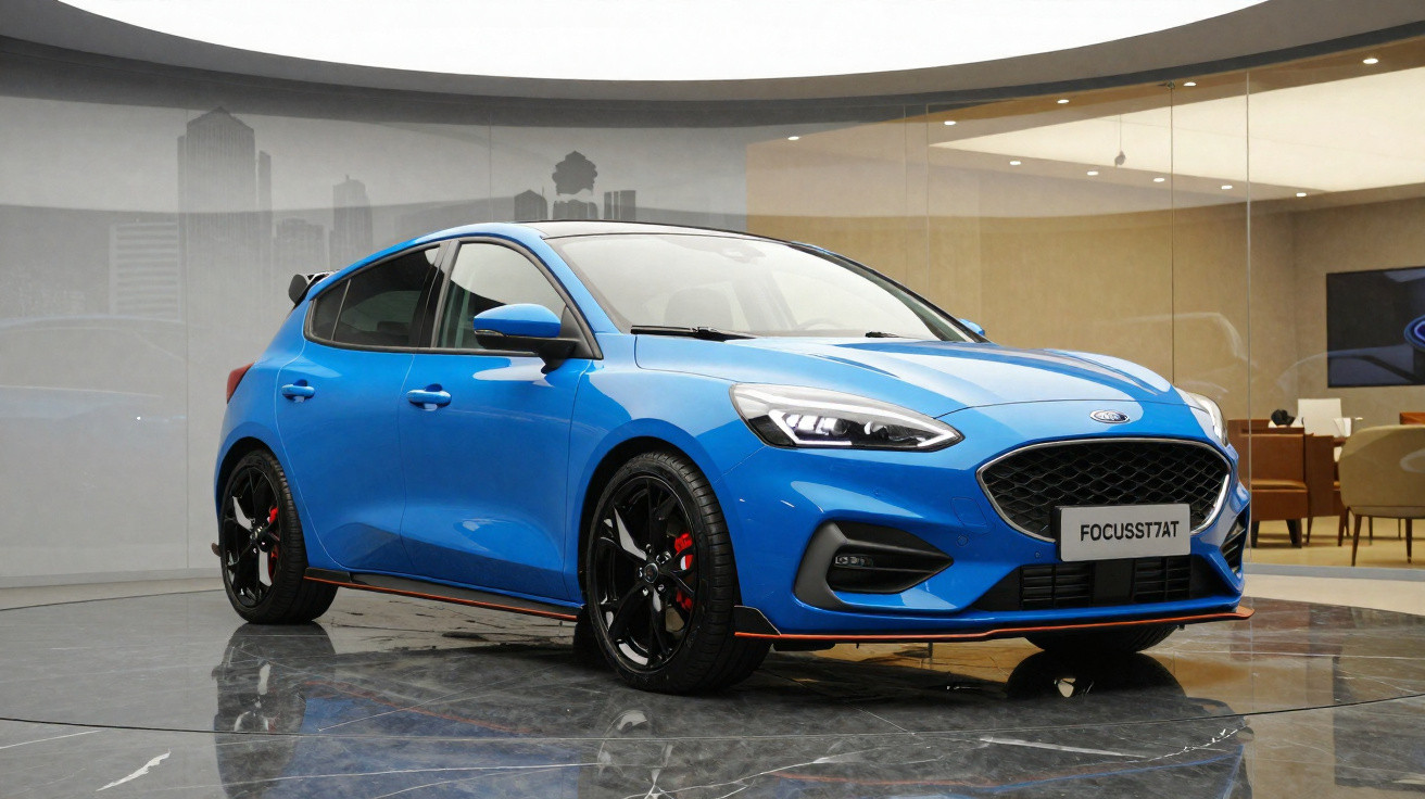 Carro hatchback azul com rodas pretas exposto em salão moderno com piso de mármore.