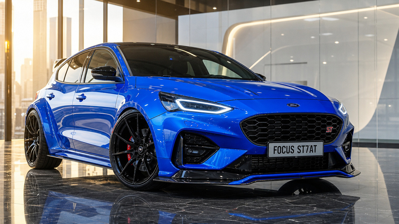 Carro esportivo Ford Focus ST azul estacionado em showroom com piso refletivo e iluminação moderna.