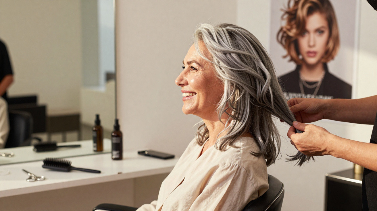 Mulher sorridente com cabelo grisalho sendo penteada em salão de beleza moderno.
