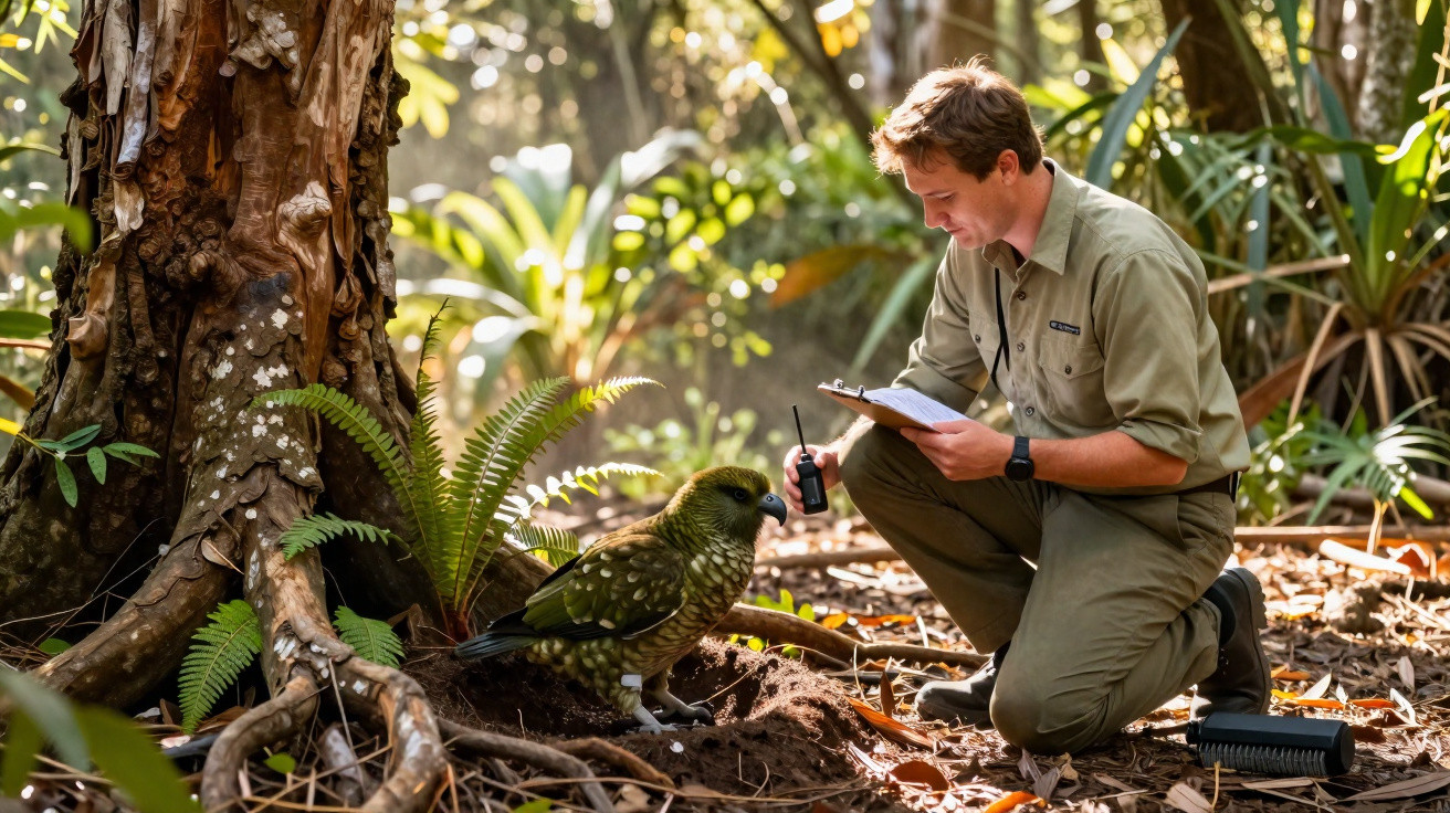Homem agachado em floresta observando e registrando dados de um papagaio rarefeito próximo a uma árvore.
