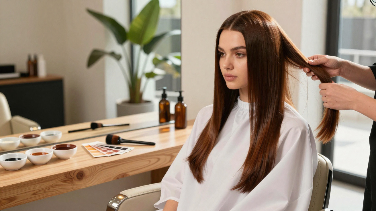 Mulher com cabelo liso longo sentada em salão de beleza, estilista segura mecha para corte ou tratamento.