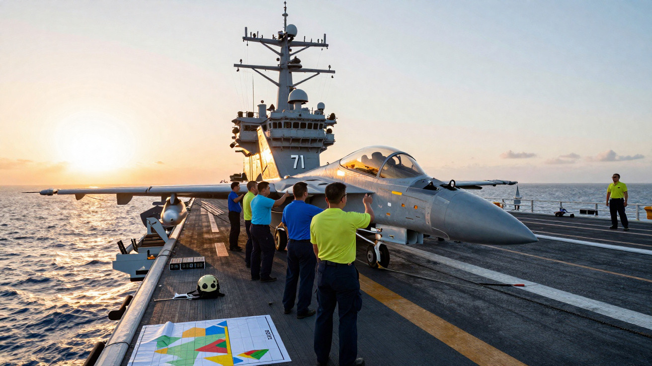 Militares preparando jato naval para decolagem no convés de porta-aviões ao pôr do sol no mar.