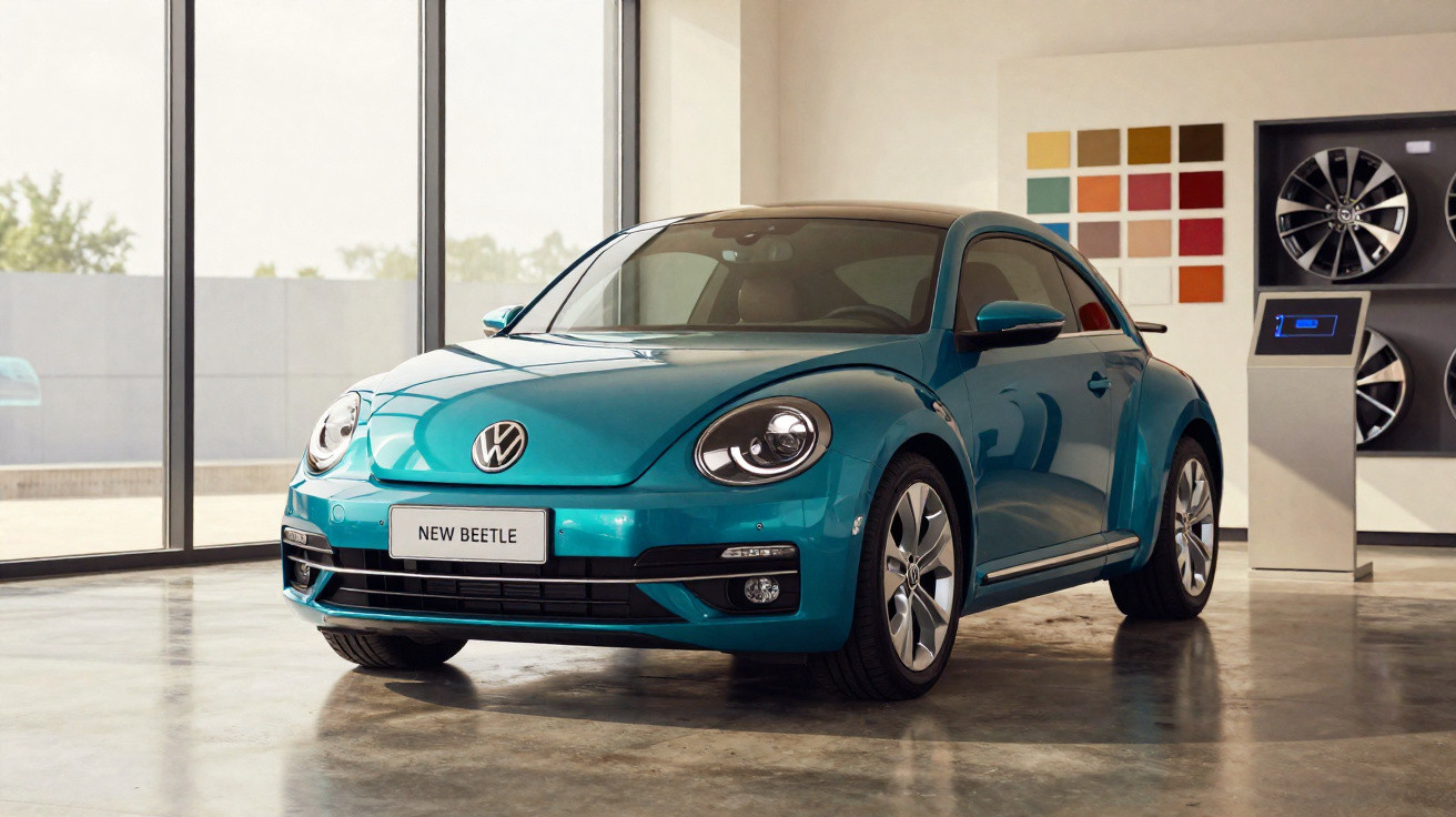 Carro Volkswagen New Beetle azul em showroom moderno com amostras de cores ao fundo.