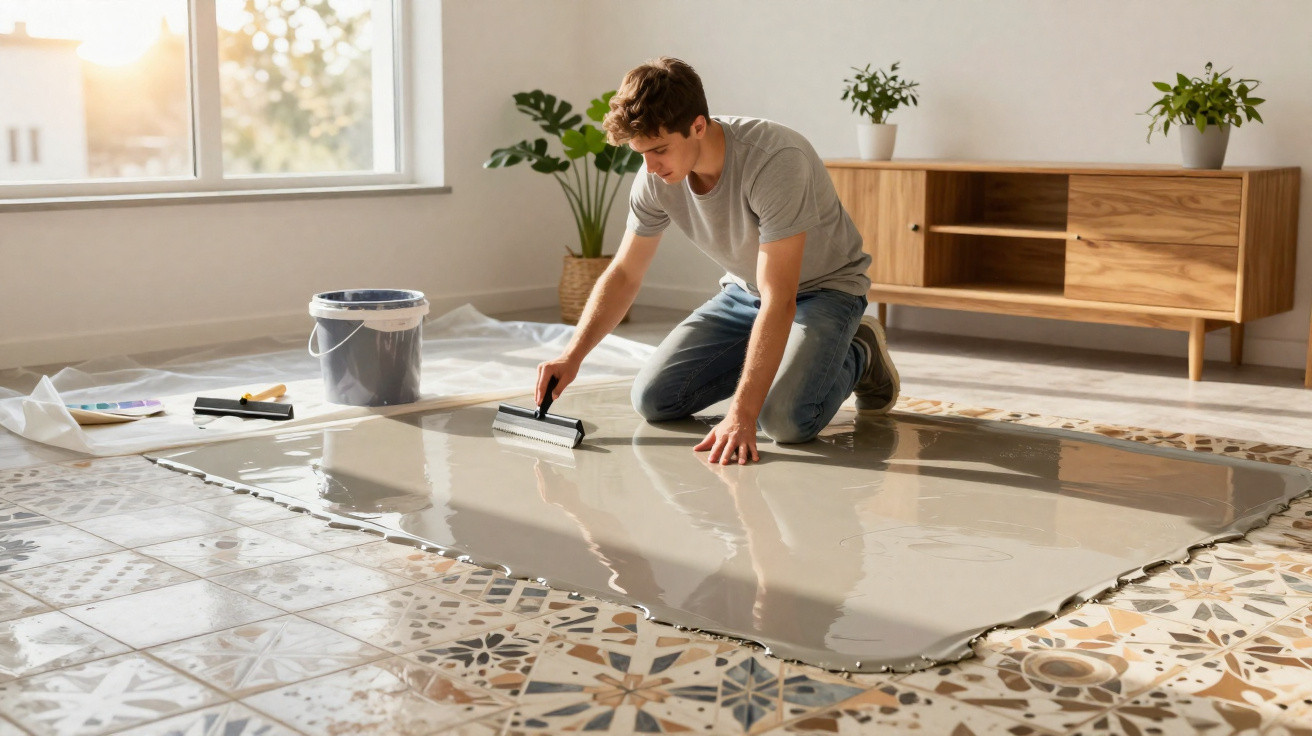 Homem aplicando resina epóxi cinza no chão de azulejos decorativos em ambiente iluminado.