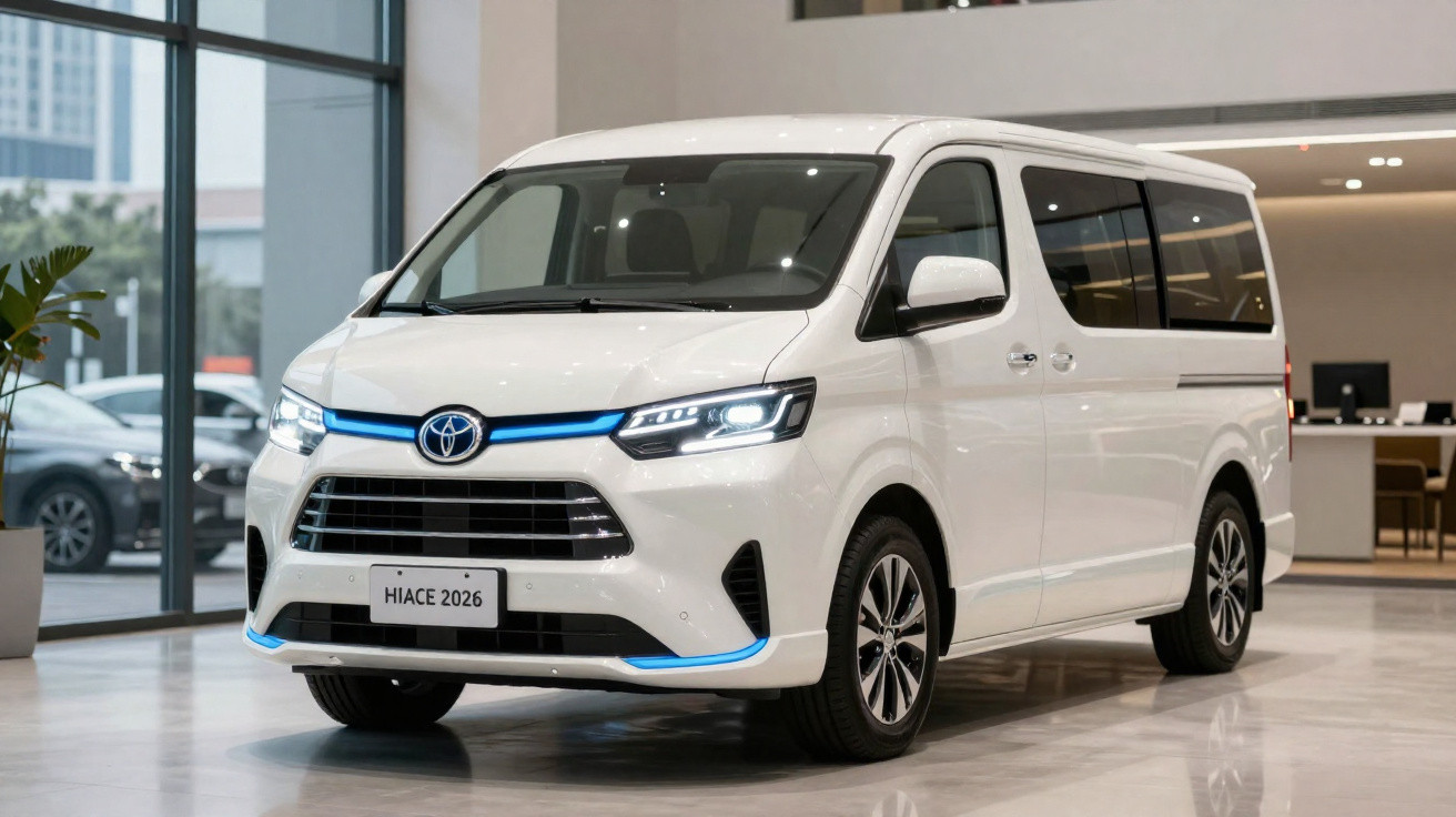 Van Toyota Hiace 2026 branca exibida em showroom moderno com iluminação natural e piso brilhante.