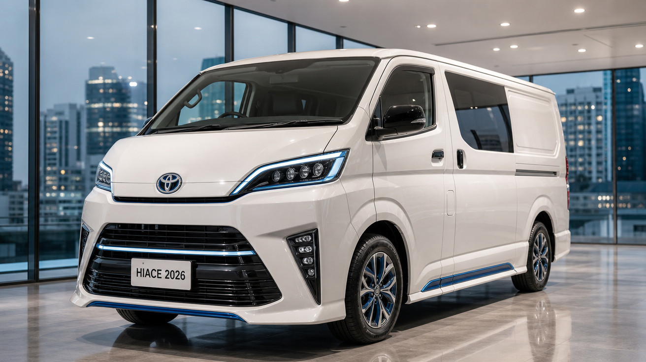 Van Toyota Hiace 2026 branca, com design moderno, em ambiente interno com vidros e vista urbana.