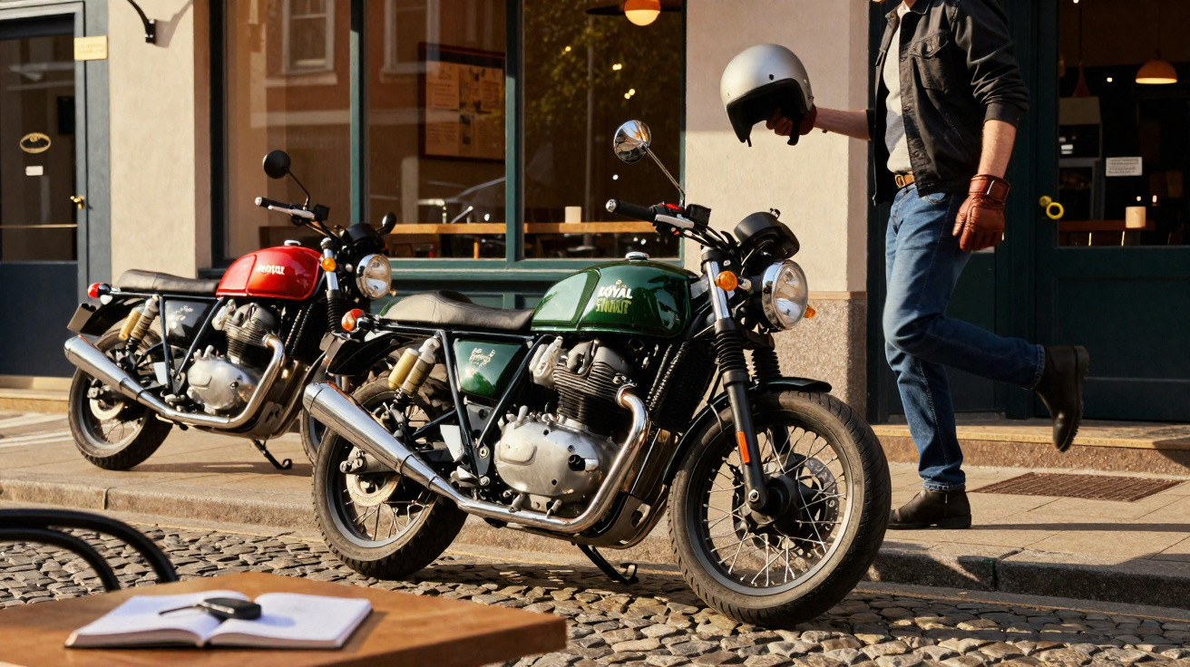 Duas motos clássicas estacionadas em calçada de pedra, homem segurando capacete ao lado de um café.