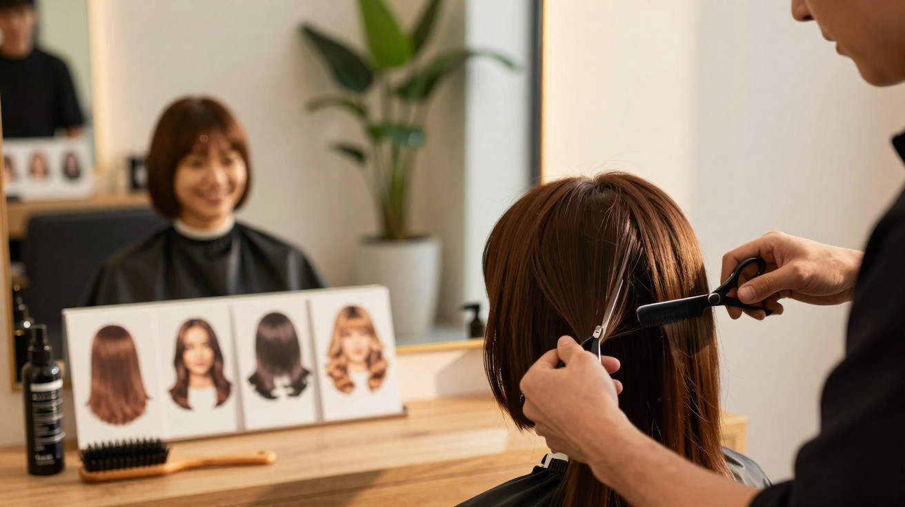 Cliente recebendo corte de cabelo em salão moderno com espelho e exemplos de estilos ao fundo.
