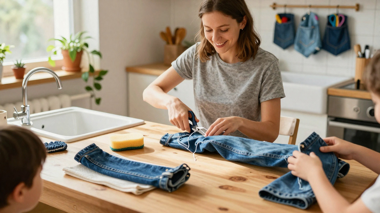 Mulher sorrindo corta tecido com tesoura enquanto duas crianças seguram peças de jeans na mesa.