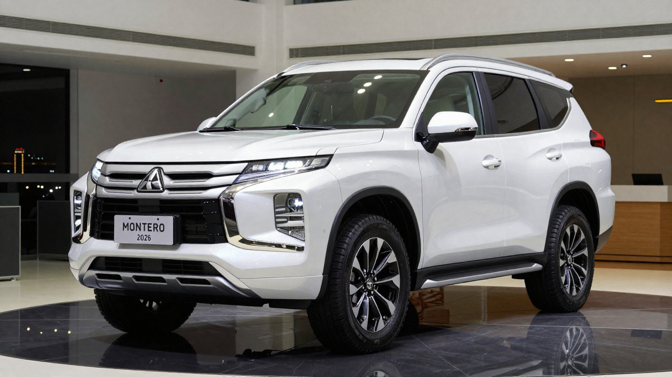 SUV branco Mitsubishi Montero 2026 exibido em showroom moderno com iluminação suave e piso brilhante.