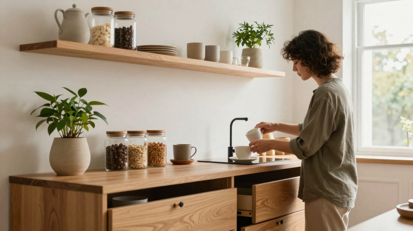 Pessoa preparando café em cozinha clara com armários e prateleira de madeira, plantas e potes decorativos.