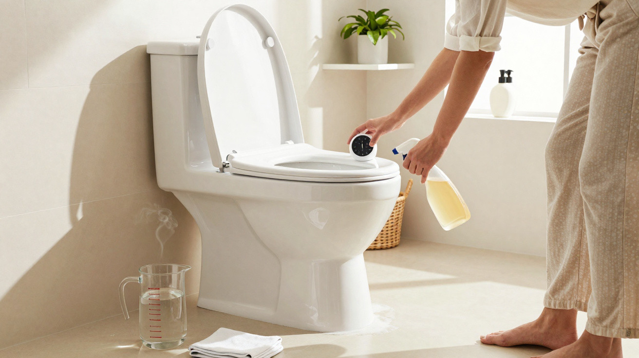 Pessoa limpando vaso sanitário branco em banheiro claro, com vapores e toalhas no chão.