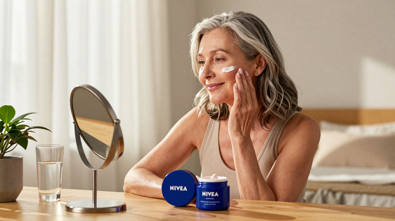 Mulher madura aplicando creme facial da Nivea, sentada à mesa com espelho e copo d'água próximo.