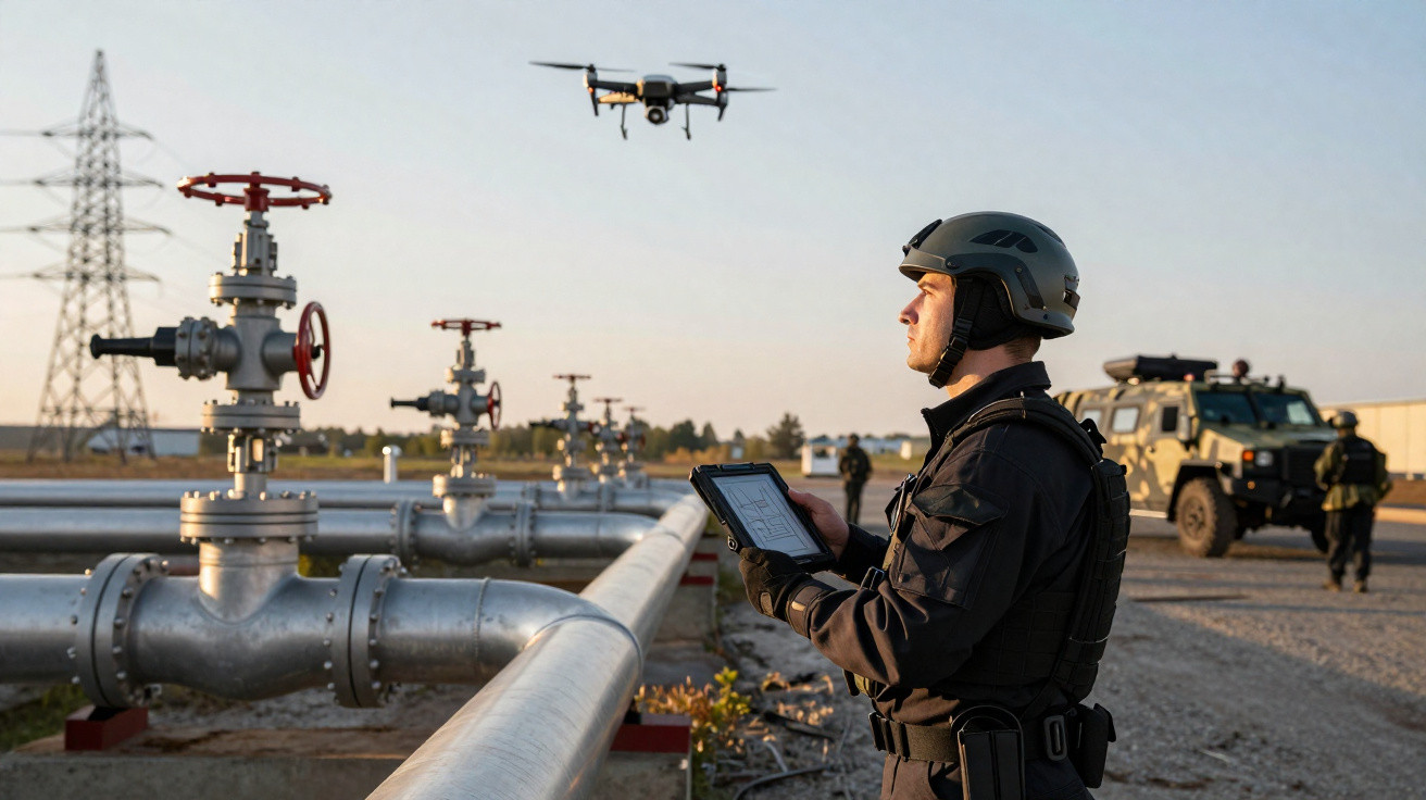 Homem com equipamento tático controla drone próximo a tubulações industriais em área externa.