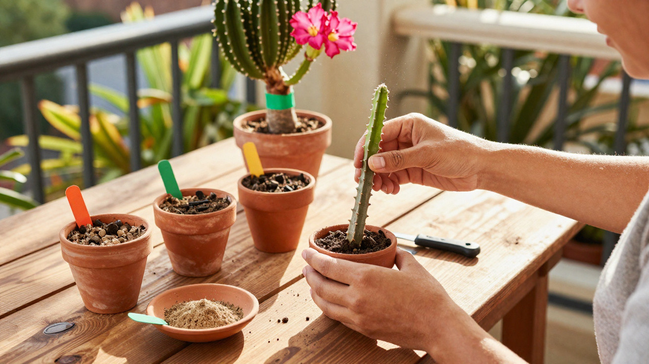 Pessoa plantando cacto em vaso de barro em mesa de madeira, com outros vasos e cacto florido ao fundo.