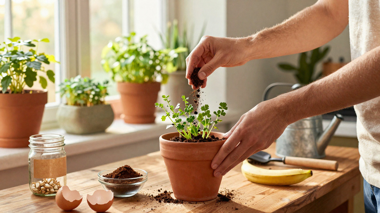 Pessoa cultivando planta em vaso de barro dentro de casa, com terra e ferramentas em mesa de madeira.