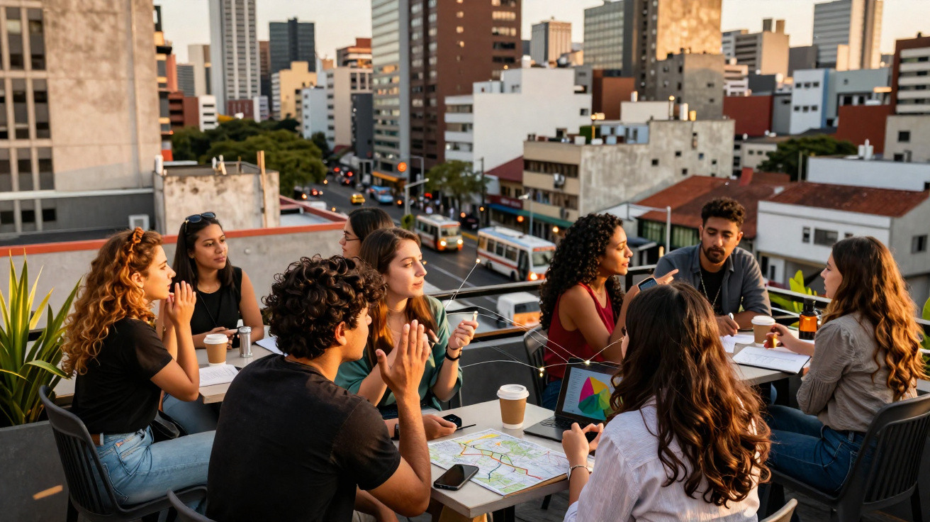 Grupo de jovens reunidos em mesa na cobertura em área urbana, conversando e usando laptop e mapas.