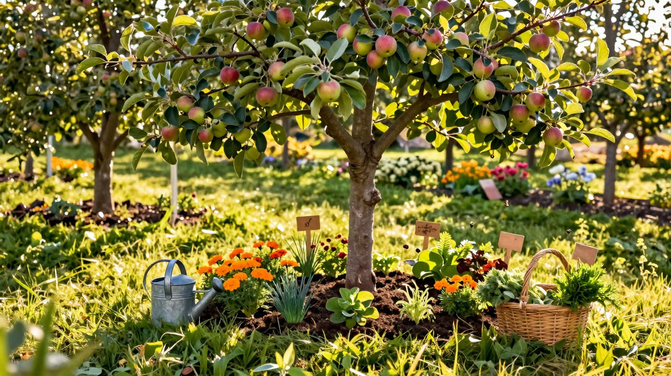 Pomar com macieira carregada, flores coloridas, regador metálico e cesta de vime no jardim ensolarado.