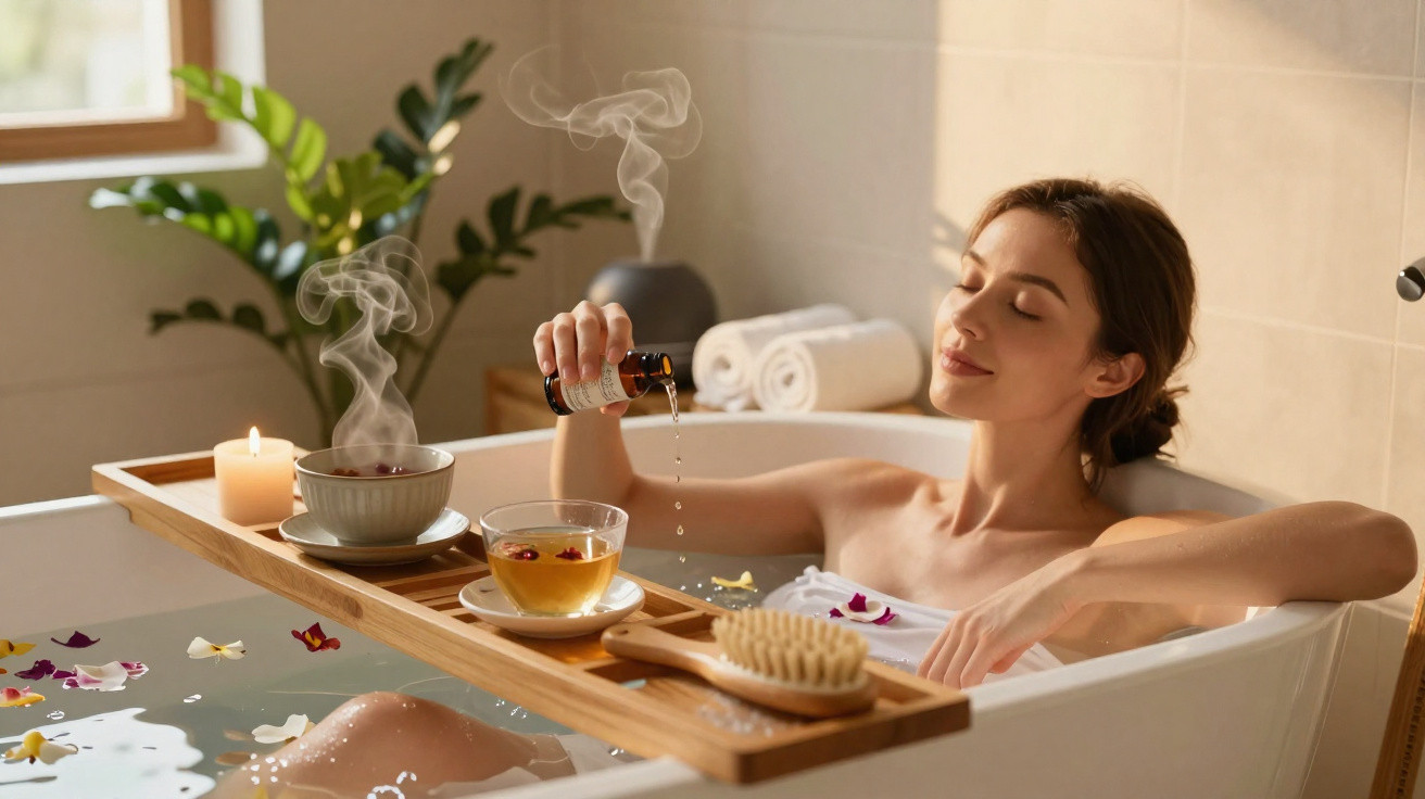 Mulher relaxando em banho com pétalas, vela acesa, chá e essência aromática em suporte de madeira.