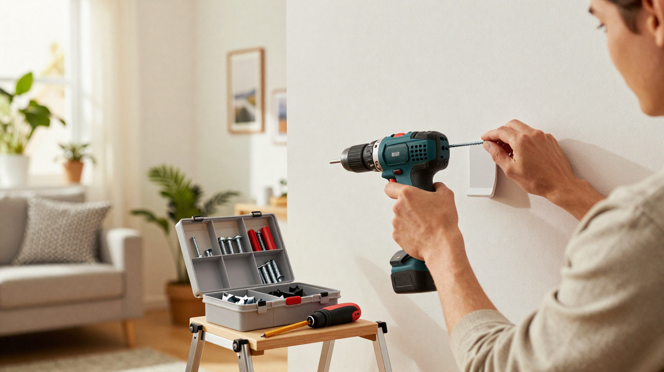 Pessoa usando furadeira para fixar acessório em parede de sala com caixa de ferramentas aberta ao lado.