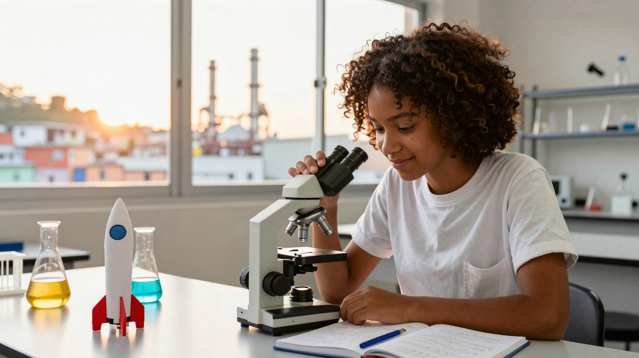 Mulher jovem usando microscópio em laboratório com caderno aberto e tubos de ensaio ao fundo.