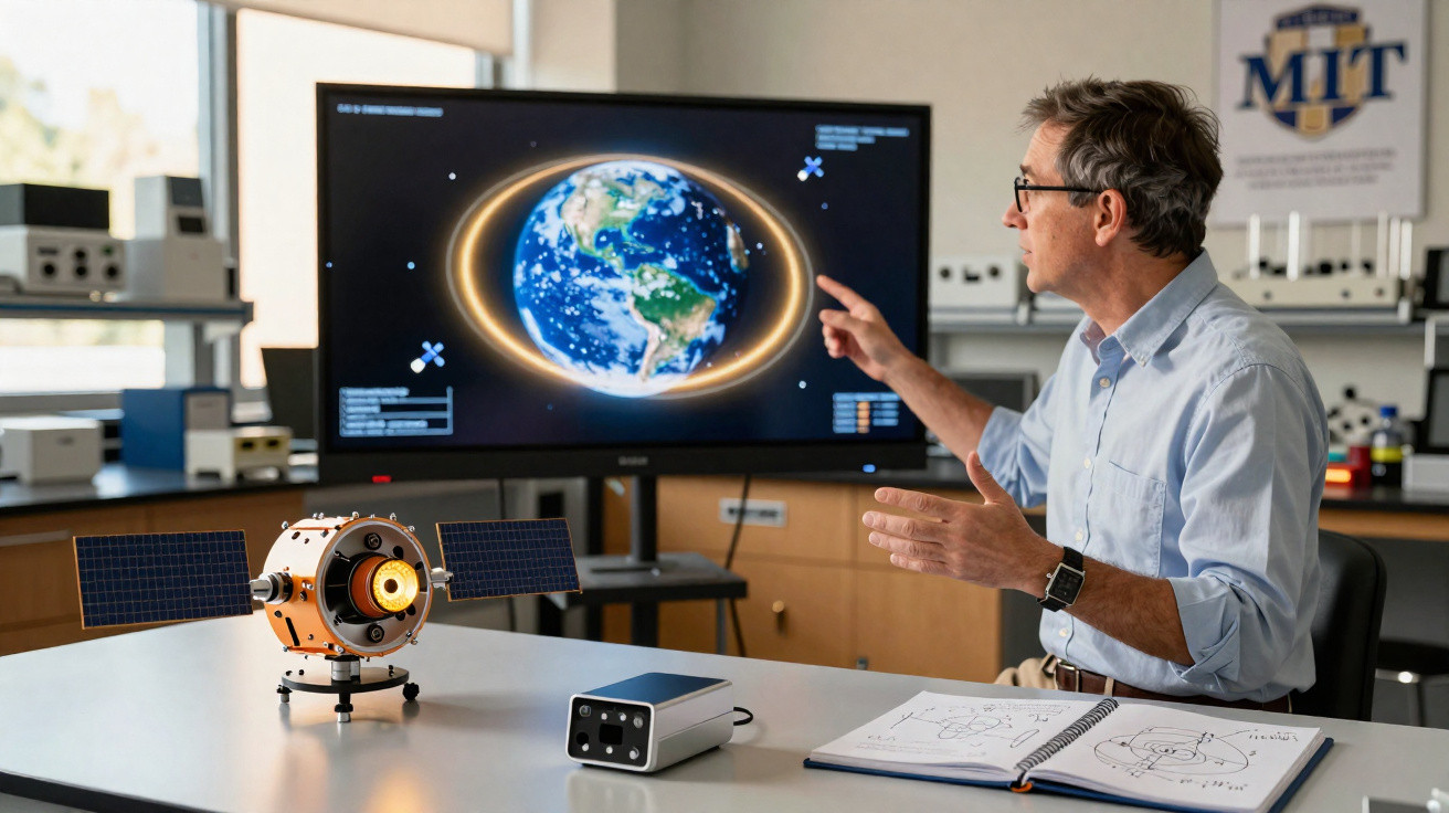 Homem em ambiente acadêmico explica modelo de satélite com imagem da Terra em tela ao fundo.