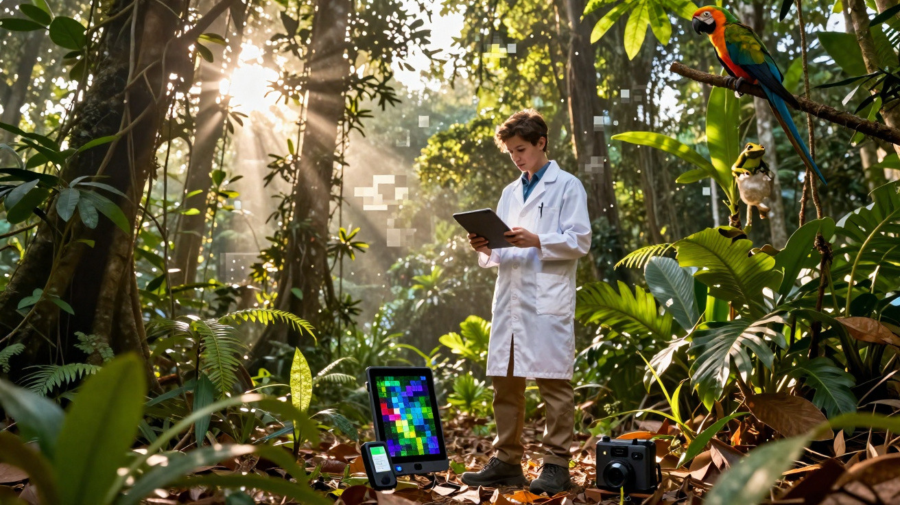 Jovem cientista em jaleco branco usando tablet na floresta cercado por dispositivos tecnológicos e pássaros.