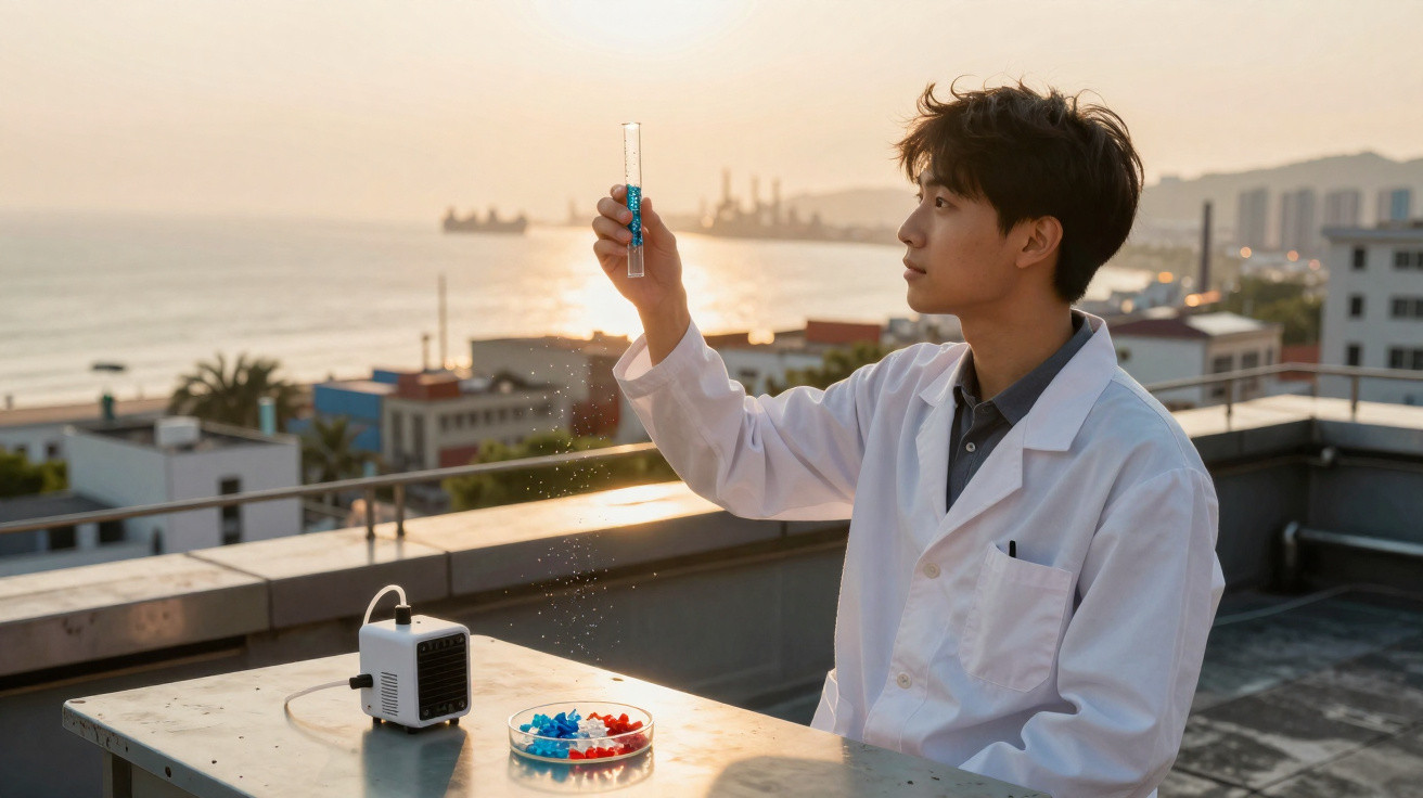 Jovem cientista observa tubo de ensaio com líquidos azuis em laboratório improvisado ao pôr do sol.
