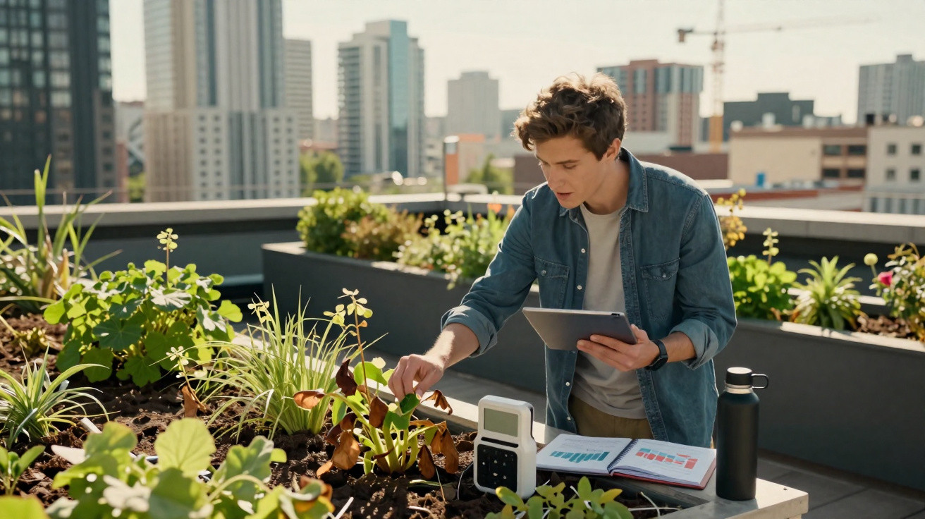 Jovem usando tablet e analisando plantas em horta urbana no terraço de prédio com prédios ao fundo.