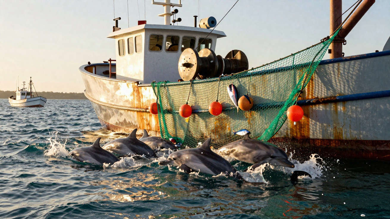 Barco de pesca com rede e peixes, cercado por grupo de golfinhos nadando no mar ao entardecer.